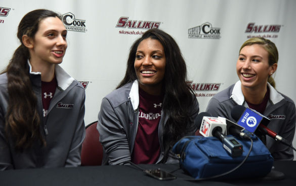 Left to right: Junior setter/hitter Meg Viggars, senior middle hitter Taylor Pippen and junior setter Hannah Kaminsky speak at a December press conference after SIU's volleyball team had been selected to play in the NCAA Tournament. (DailyEgyptian.com file photo)