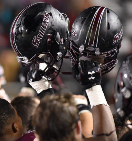 Saluki football players celebrate on the sidelines after their 38-31 overtime victory against Youngstown State University at the homecoming game Oct. 24, 2015, at Saluki Stadium. (DailyEgyptian.com file photo)