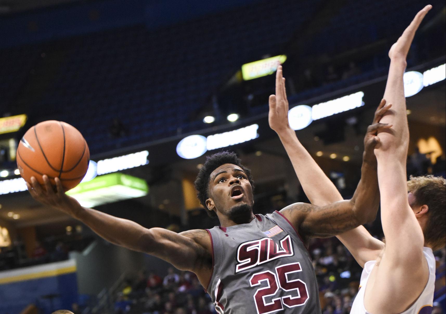 Anthony Beane attempts a shot during the Salukis' 66-60 loss to Northern Iowa on Friday during the Missouri Valley Conference Tournament in St. Louis. (DailyEgyptian.com file photo)