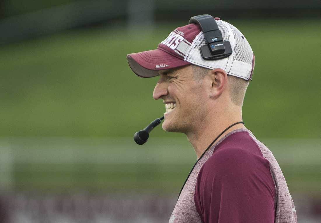 Saluki head coach Nick Hill reacts to a play during SIU's fall football scrimmage on Saturday, Aug. 20, 2016, at Saluki Stadium in Carbondale. (Ryan Michalesko | @photosbylesko)