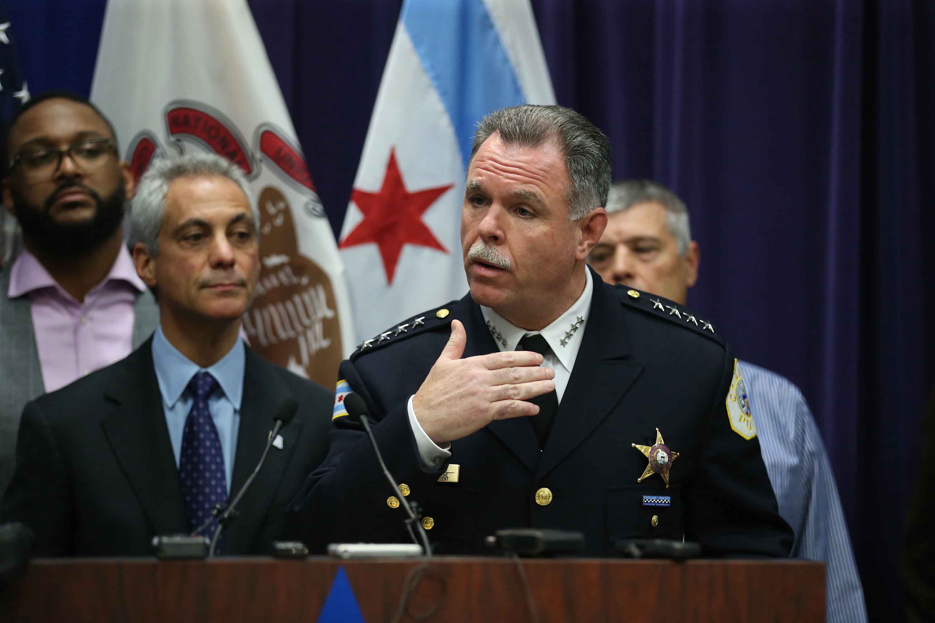 Mayor Rahm Emanuel and then-Chicago Police Supt. Garry McCarthy hold a news conference at Chicago Police Headquarters in Chicago on Tuesday, Nov. 24, 2015. Emanuel later dismissed McCarthy, citing a lack of public trust in police leadership in the wake of the Laquan McDonald shooting. (Nuccio DiNuzzo/Chicago Tribune/TNS)