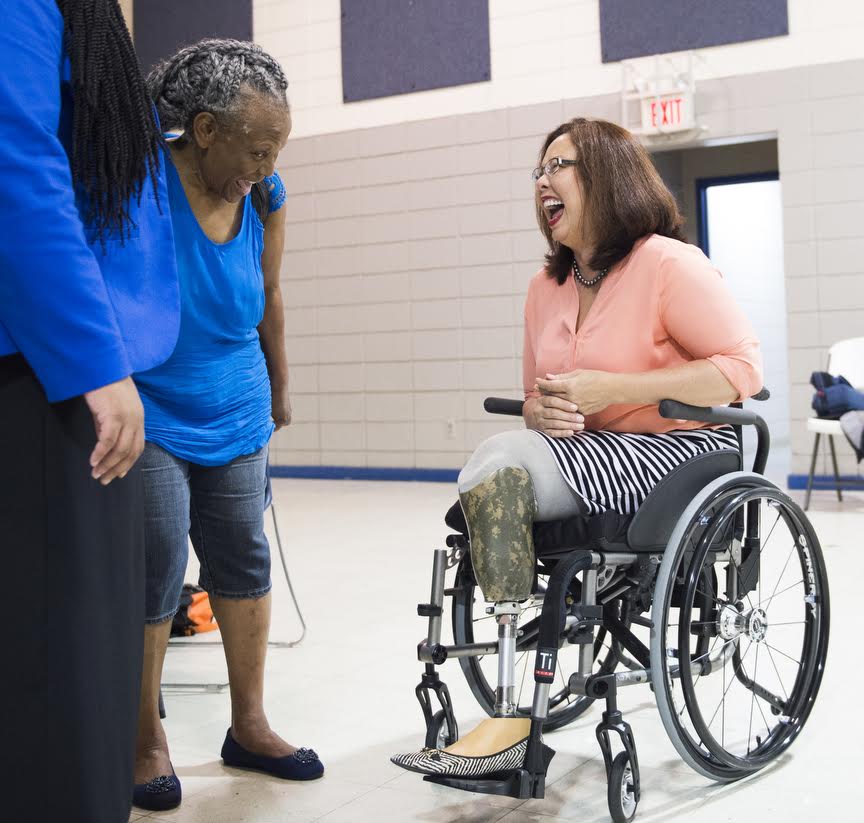 U.S. Rep. Tammy Duckworth, right, talks with Eurma C. Hayes Center board member Janet H. Liley during a visit to the center Friday, Aug. 26, 2016 in Carbondale. (Ryan Michalesko | @photosbylesko)