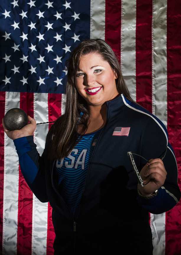 Deanna Price, an SIU graduate from Moscow Mills, Mo., poses for a portrait Thursday, Sept. 1, 2016. Price placed eighth in hammer throw, throwing 70.95 meters, at the 2016 Olympics in Rio de Janeiro. (Ryan Michalesko | @photosbylesko)