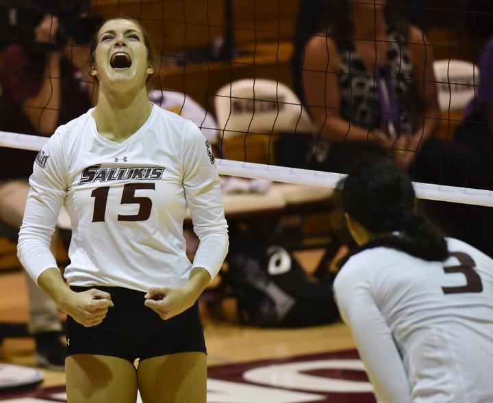 Junior outside hitter Abby Barrow celebrates following a kill shot during the Salukis' 3-2 win over Northern Iowa on Friday, Sept. 23, 2016, at Davies Gym. (Athena Chrysanthou | @Chrysant1Athena)