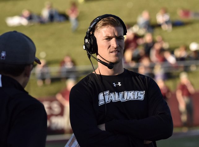 SIU coach Nick Hill watches from the sideline during the Salukis’ 22-14 loss to Indiana State Indiana State, Saturday, Oct. 22, 2016 at Saluki Stadium. (Athena Chrysanthou | @Chrysant1Athena)