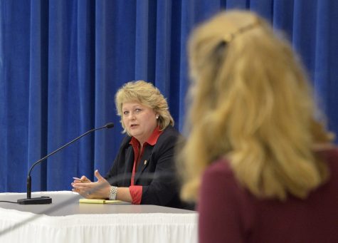 State Rep. Terri Bryant, R-Murphysboro, who is running for re-election in Illinois House of Representatives District 115, answers a question asked by moderator Laura Van Abbema on Friday, Oct. 14, 2016, during a forum organized by the League of Women Voters of Jackson County at the Carbondale Civic Center. (Bill Lukitsch | @lukitsbill)