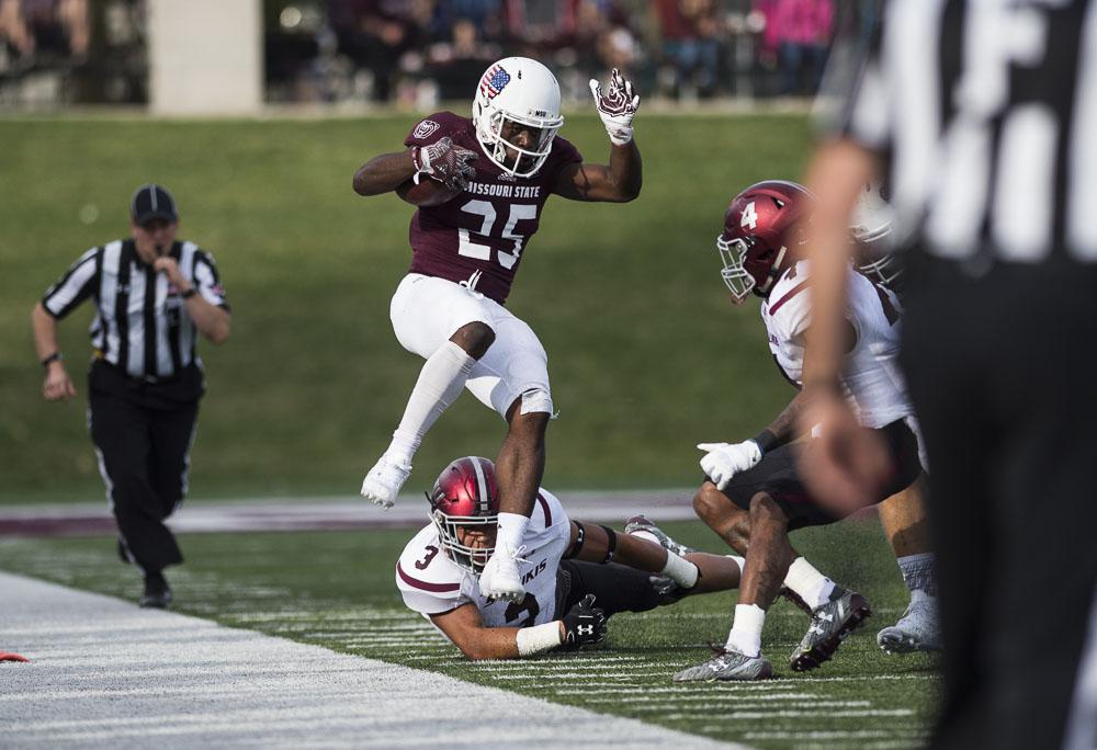 Missouri State's Jason Randall (25) is pushed out of bounds by Saluki defense during SIU's 38-35 loss to the Missouri State Bears on Saturday, Oct. 29, 2016, in Springfield, Mo. (Ryan Michalesko | @photosbylesko)