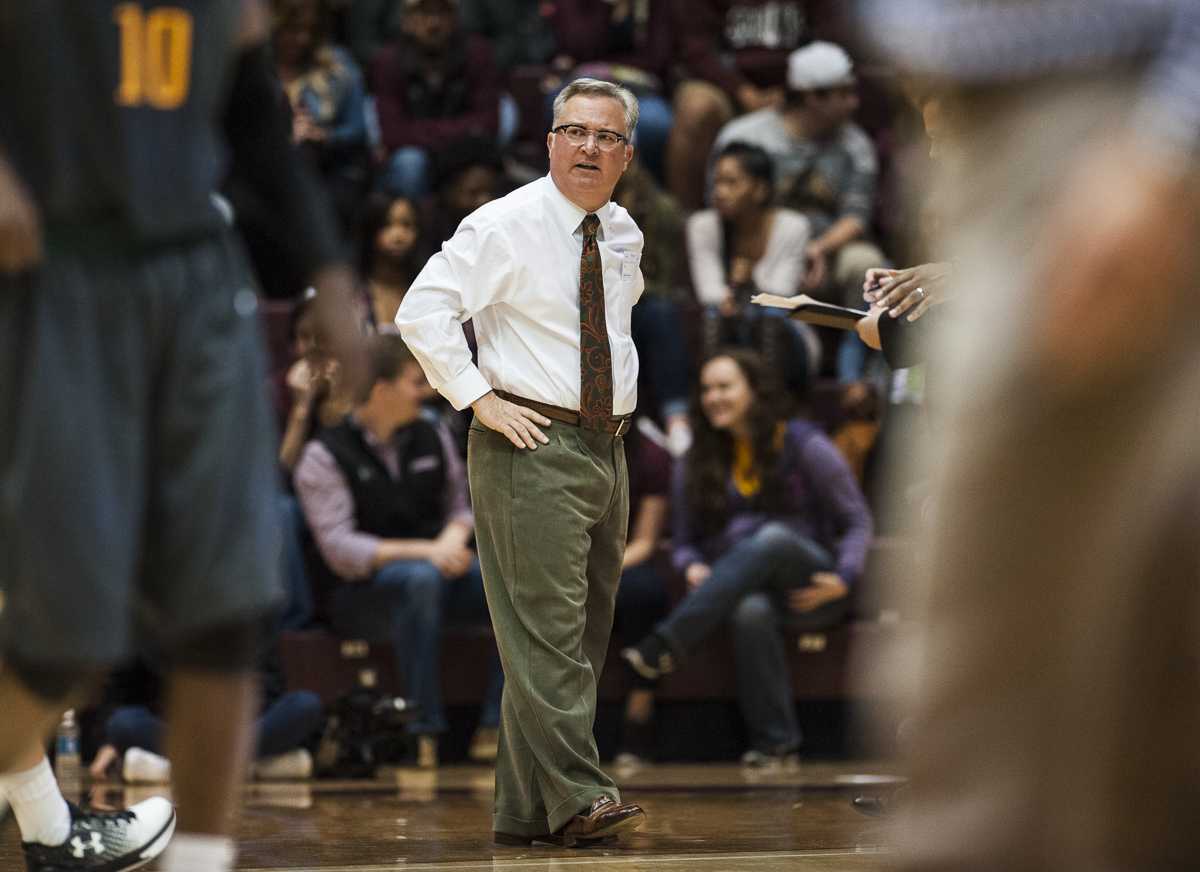 SIU coach Barry Hinson reacts to a play Wednesday, Nov. 16, 2016, during the Salukis' 85-64 win over the Missouri Southern Lions at the SIU Arena. (Ryan Michalesko | @photosbylesko)