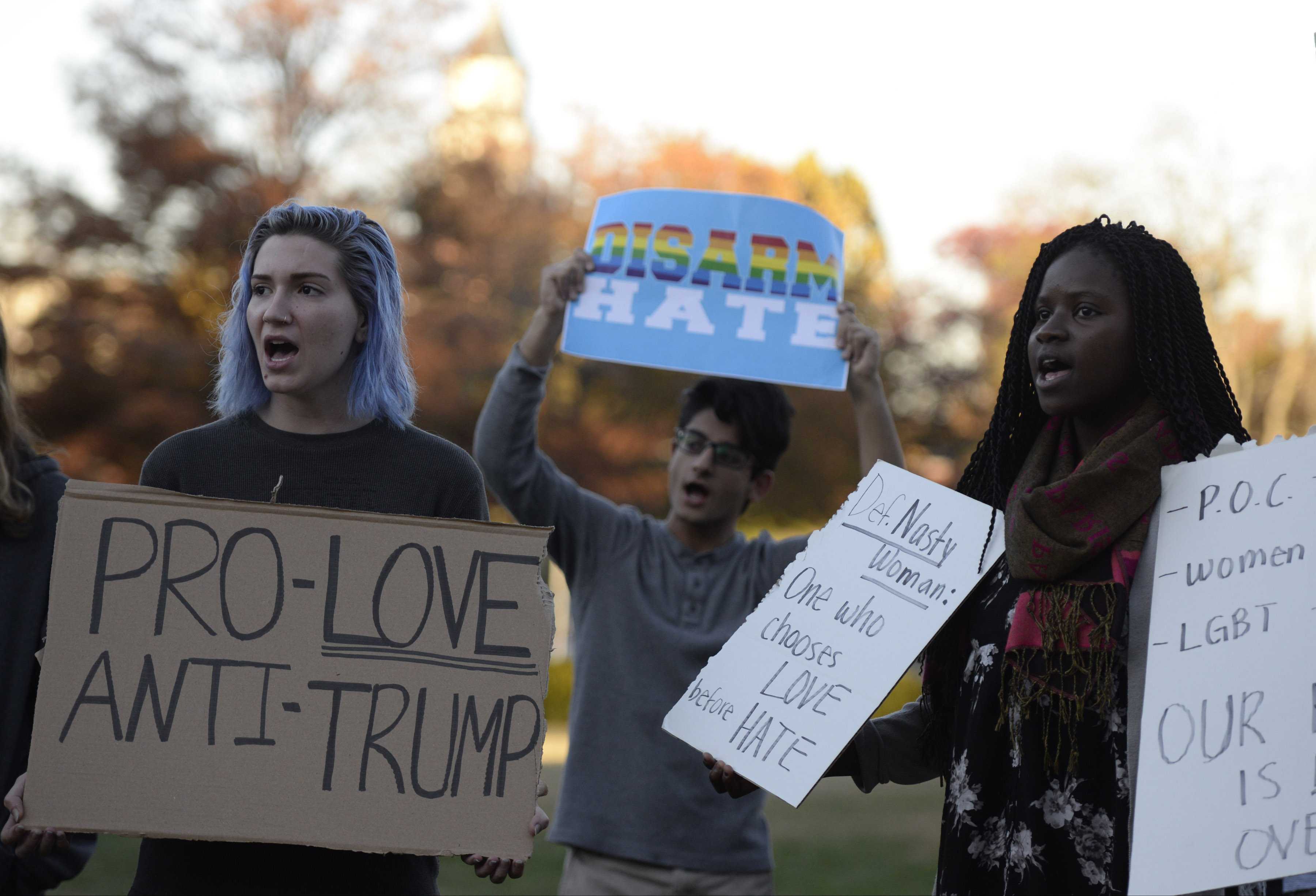 Demonstrators gather Wednesday, Nov. 16, 2016, in front of Morris Library to protest a host of issues surrounding the election of Donald Trump as president. (Bill Lukitsch | @lukitsbill)
