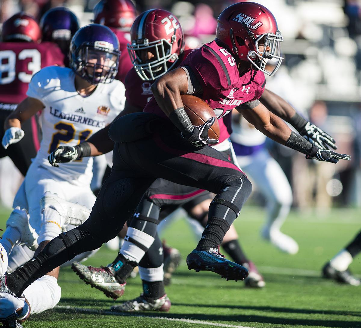 Freshman running back D.J. Davis takes the ball toward the end zone during the first half of the Salukis' matchup against WIU on Saturday, Nov. 19, 2016, at Saluki Stadium. (Jacob Wiegand | @jawiegandphoto)