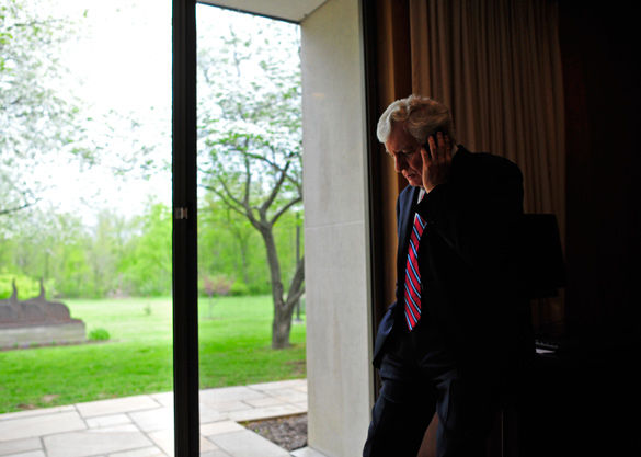 Glenn Poshard makes one of many phone calls April 30, 2014, during his last day as SIU president at the Stone Center. (Daily Egyptian file)