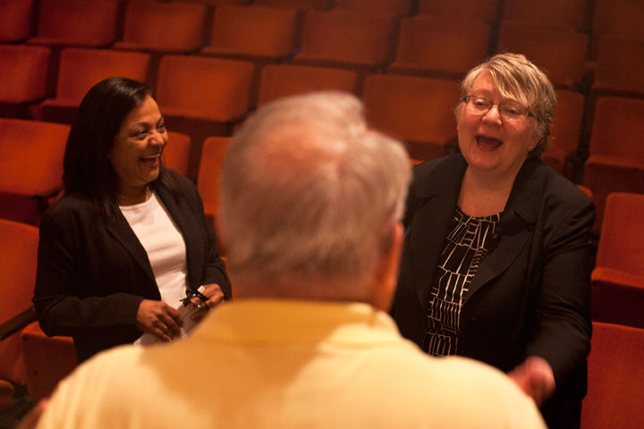 Chancellor candidate Pam Benoit, right, provost at Ohio University, and Meera Komarraju, incoming dean of the College of Liberal Arts and co-chair of the Chancellor Search Advisory Committee, share a laugh on May 4, 2015, after an open forum at the Student Center Auditorium.