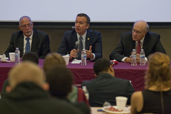 Left to right: Illinois State Senators Gary Forby, Democrat, Andy Manar, Democrat, and Dave Luechtefeld, Republican, speak about the states budget in relation to higher education to a crowd of about 60 people during Tuesday nights town hall meeting in the Student Health Services auditorium. 
