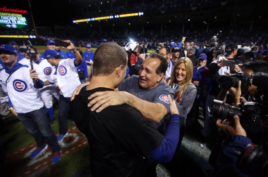 Chicago Cubs first baseman Anthony Rizzo celebrates with his father, John Rizzo, after a 6-4 series-clinching victory against the St. Louis Cardinals in Game 4 of the NLDS at Wrigley Field in Chicago on Tuesday, Oct. 13, 2015. (Brian Cassella/Chicago Tribune/TNS)