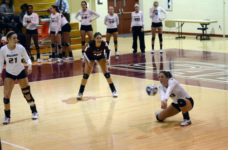 Andrea Estrada, an outside hitter, digs the ball during a match against Illinois State on Nov. 13 in Davies Gym. (DailyEgyptian.com file photo)