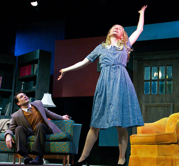 Sarah Dubach dances while Dan Hill urges her to stop as they portray Honey and Nick during a dress rehearsal for Whos Afraid of Virginia Woolf? on Feb. 10 at The Varsity Center for the Arts. (DailyEgyptian.com file photo)