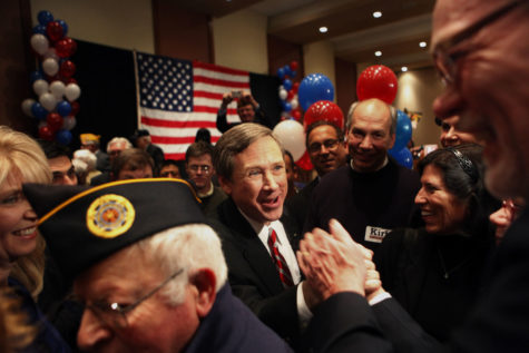 U.S. Rep. Mark Kirk (R-Ill.) is congratulated after winning the Republican primary for Illinois's U.S. Senate seat on Feb. 2, 2010, in Wheeling. (Lane Christiansen/Chicago Tribune/MCT)
