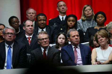 Speaker Mike Madigan and Senate President John Cullerton listen as Gov. Bruce Rauner speaks about making changes in the state on Jan. 12, 2015 at the Prairie Capital Convention Center in Springfield, Ill. (Nancy Stone/Chicago Tribune/TNS)
