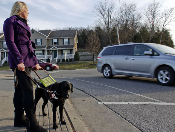 Jodi Witthaus, a visually impaired graduate student in social work from Centralia, stands with her guide dog Nika while waiting to cross South Lewis Lane on Sunday after walking down East Grand Avenue from her apartment at Aspen Court. The intersection is the site for a proposed roundabout, which she said can be a hazardous obstacle for pedestrians to cross. “I got my dog for independence,” Witthaus said. “If they don’t do [the roundabout] right, that completely wipes away my independence.”