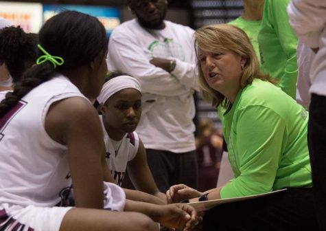 Head coach Cindy Stein talks to the team during SIU's 69-61 win against Missouri State on Feb. 21 at SIU Arena.