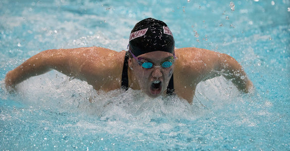 Sophomore Mikaela Montgomery participates in the 400-Medley relay Feb. 18 during the Missouri Valley Conference Swimming and Diving Championship at Edward J. Shea Natatorium. SIU finished in fourth place in the event. (DailyEgyptian.com file photo)