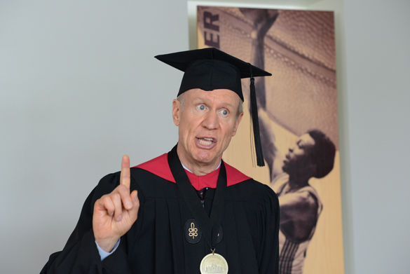 Gov. Bruce Rauner talks at a press conference after speaking at the afternoon commencement ceremony. Rauner was invited to speak at the ceremony before proposing to cut funding to the university by $44 million. An online petition, which reached 2,700 signatures, was begun last month in an attempt to have him removed as the keynote speaker, stating that Choosing him as a keynote speaker is a slap in the face to SIU students and faculty who alreay deal with underfunded programs and facilties.
