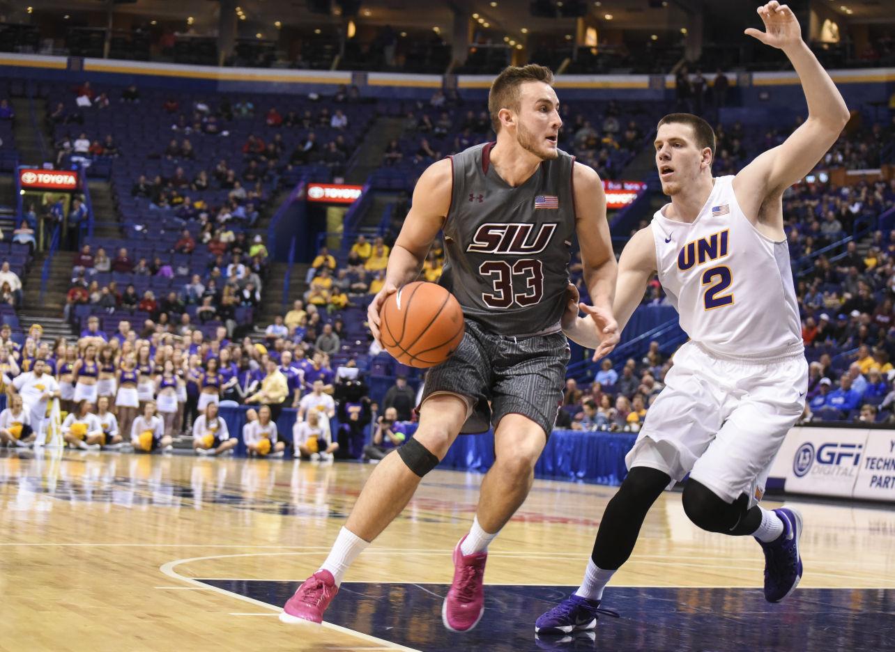 SIU forward Sean O'Brien dribbles during the Salukis' 66-60 loss to Northern Iowa on Friday during the Missouri Valley Conference Tournament in St. Louis. (DailyEgyptian.com file photo)