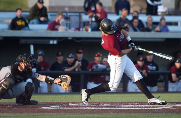 SIU sophomore left fielder Greg Lambert laces an RBI double to left field March 29 at Itchy Jones Stadium. Lambert was 3-4 with three RBIs and two runs scored in a 16-10 loss to Austin Peay. - March 29, 2016, Carbondale, Ill.