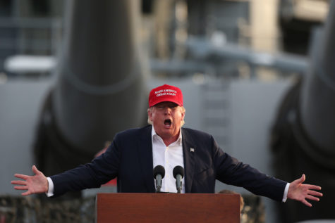 Republican presidential nominee Donald Trump speaks to supporters aboard the USS Iowa battleship in Los Angeles on Sept. 15. (Robert Gauthier/Los Angeles Times/TNS)