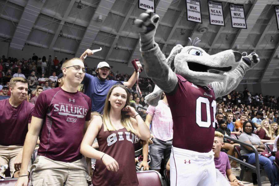 Grey Dawg interacts with new students during the Convocation ceremony at the SIU Arena on Friday, August 19, 2016 in Carbondale, Ill. (Athena Chrysanthou | DailyEgyptian.com)