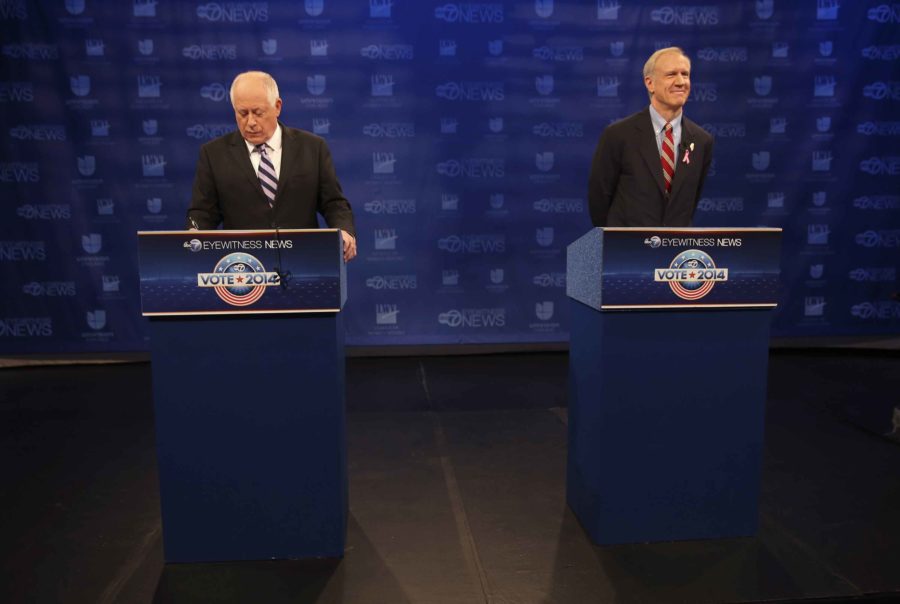 Then-Gov. Pat Quinn, left, and then-gubernatorial candidate Bruce Rauner are seen before the start of their debate at the ABC station in Chicago on Monday, Oct. 20, 2014. (Nuccio DiNuzzo/Chicago Tribune/MCT)