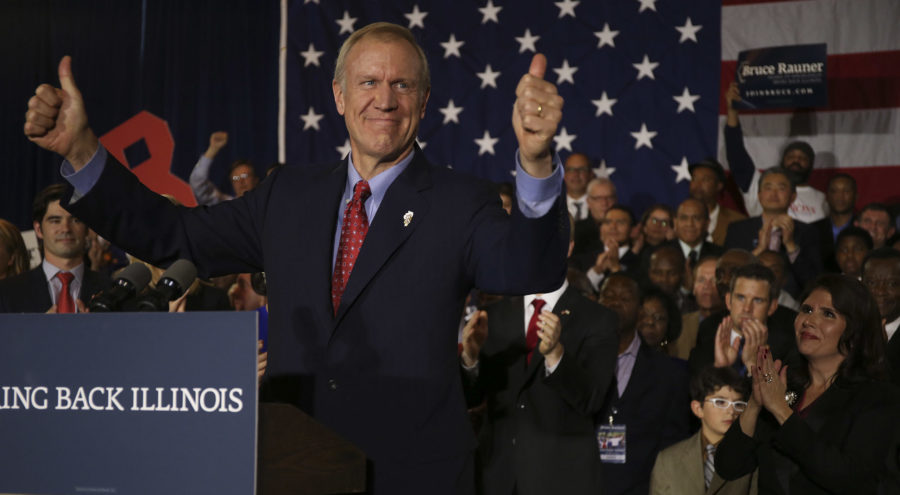 Gov. Bruce Rauner declares victory at his election night celebration at the Hilton on Nov. 4, 2014 in Chicago. (Brian Cassella, Chicago Tribune/MCT)