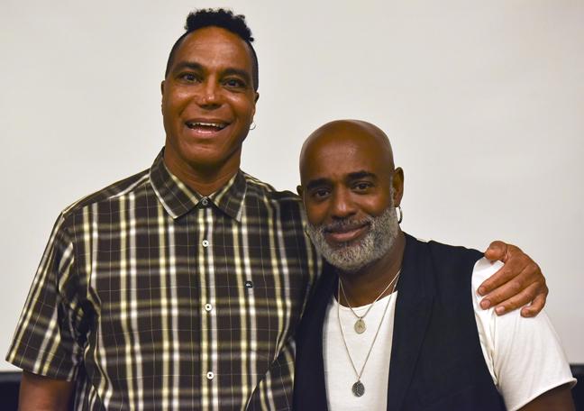 Musicians Darryl Phinnessee and Dorian Holley pose after their live vocal performance Friday, Sept. 2, 2016, in the Department of Cinema and Photographys Soundstage room in the Communications Building. Holley was the vocal director for the late Michael Jacksons final tour and Phinnessee, an SIU alumnus, joined Jackson for three world tours. (Morgan Timms | @Morgan_Timms)