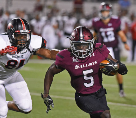 Sophomore running back Daquan Isom takes the ball down the field during the Salukis' 30-22 win against Southeast Missouri on Saturday, Sept. 10, 2016, at Saluki Stadium. (Jacob Wiegand | @JacobWiegand_DE)