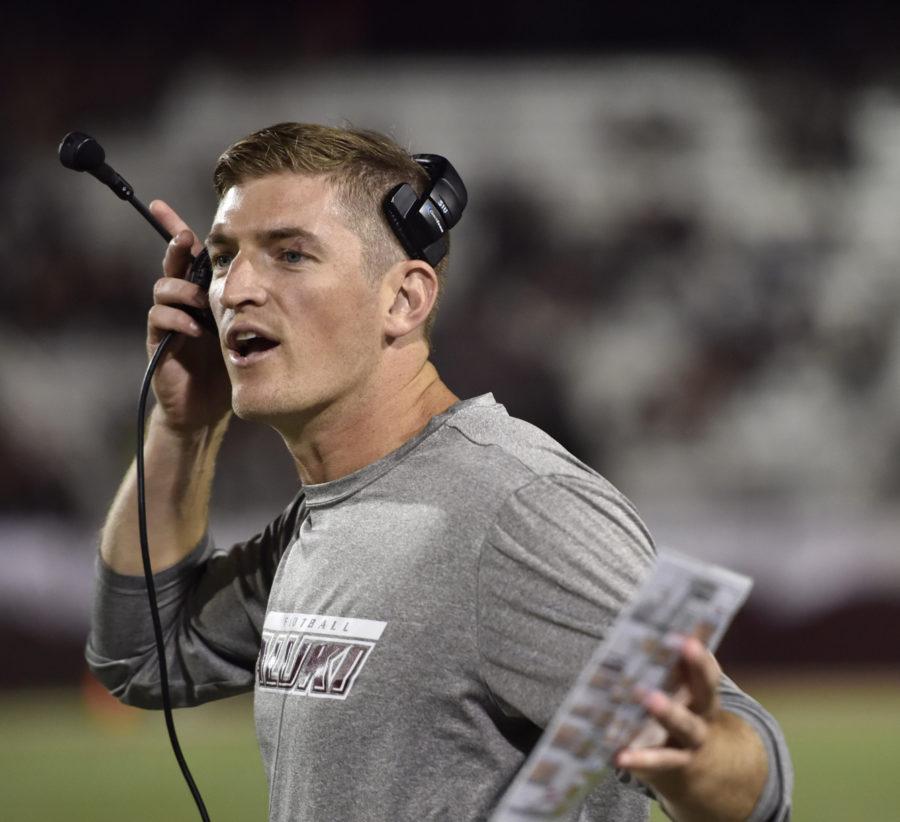 Saluki football coach Nick Hill reacts to a call from a referee during SIUs 30-22 win against Southeast Missouri on Saturday, Sept. 10, 2016, at Saluki Stadium. (Athena Chrysanthou | @Chrysant1Athena)