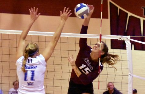 Junior outside hitter Abby Barrow attempts a kill during the Salukis' 3-1 win over the Drake Bulldogs on Saturday, Sept. 24, 2016, in Davies Gym. (Sean Carley | @SCarleyDE)
