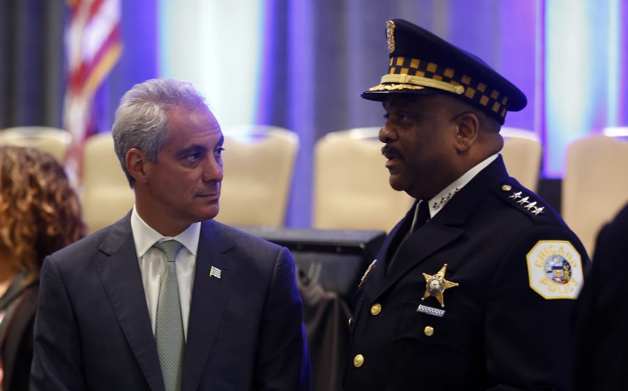 Mayor Rahm Emanuel, left, with Superintendent of Police Eddie Johnson talk on May 26, 2016 in Chicago. (Phil Velasquez/Chicago Tribune/TNS)