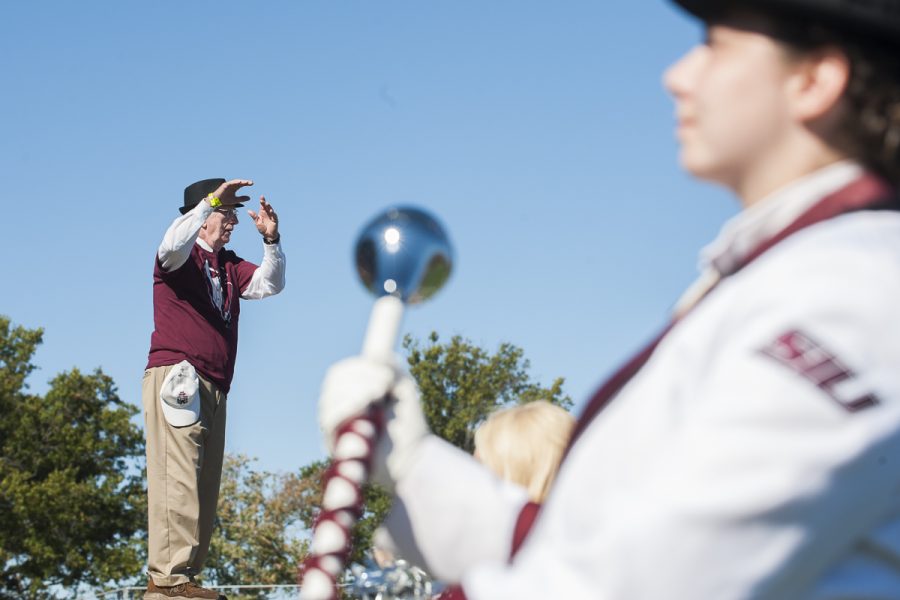 Former Director of Bands Mike Hanes conducts the Marching Salukis prior to SIUs homecoming match up against the Indiana State Sycamores on Saturday, Oct. 22, 2016, at Saluki Stadium. SIU lost the game by a score of 22-14. (Ryan Michalesko | @photosbylesko)