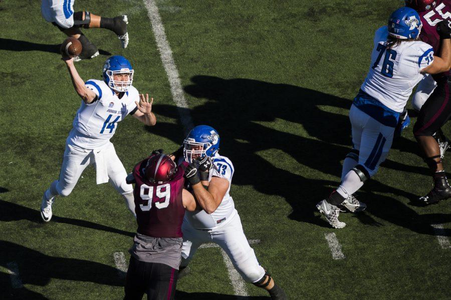 Indiana State sophomore quarterback Isaac Harker (14) launches a pass during the Salukis homecoming matchup against the Sycamores on Saturday, Oct. 22, 2016, at Saluki Stadium. SIU lost the game by a score of 22-14. (Ryan Michalesko | @photosbylesko)