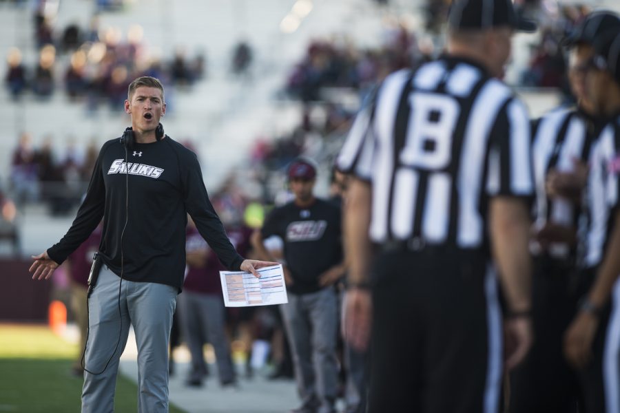 Head coach Nick Hill reacts to a referees call during the Salukis homecoming matchup against the Indiana State Sycamores on Saturday, Oct. 22, 2016, at Saluki Stadium. SIU lost the game by a score of 22-14. (Ryan Michalesko | @photosbylesko)