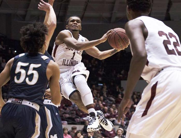 SIU senior guard Mike Rodriguez jumps for a shot during the first half of the Saluki’s matchup against Mount St. Marys University on Monday, Nov. 21, 2016, at SIU Arena. (Athena Chrysanthou | @Chrysant1Athena)
