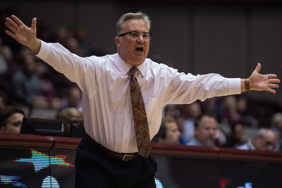SIU coach Barry Hinson reacts to a play during the Salukis 72-67 exhibition win against UMSL on Thursday, Nov. 3, 2016, at SIU Arena. (Jacob Wiegand | @jawiegandphoto)