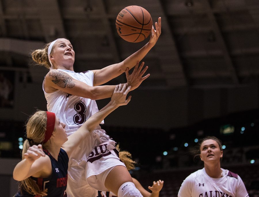 Saluki sophomore guard Olivia Bowling attempts a basket during SIUs 114-24 exhibition win against McMurray College on Friday, Nov. 4, 2016, at SIU Arena. (Jacob Wiegand | @JacobWiegand_DE)