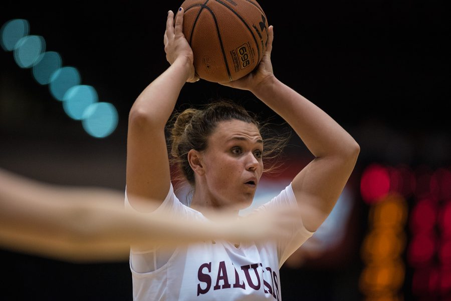 Sophomore forward/center Ashley Hummel looks to make a pass during SIUs 114-24 exhibition win against McMurray College on Friday, Nov. 4, 2016, at SIU Arena. (Jacob Wiegand | @JacobWiegand_DE)
