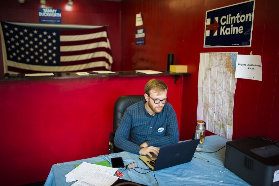 Daniel Derosio, of Birmingham, an employee with the Illinois Democratic Party, works Tuesday, Nov. 8, 2016, at the Tammy Duckworth campaign office in Carbondale. (Ryan Michalesko | @photosbylesko)