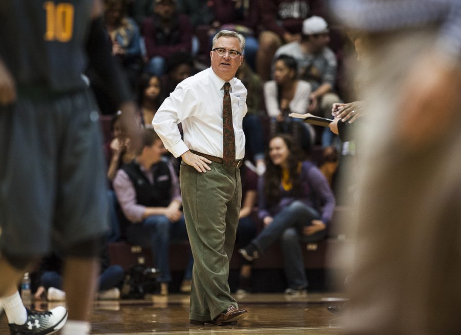 SIU coach Barry Hinson reacts to a play Wednesday, Nov. 16, 2016, during the Salukis 85-64 win over the Missouri Southern Lions at the SIU Arena. (Ryan Michalesko | @photosbylesko)