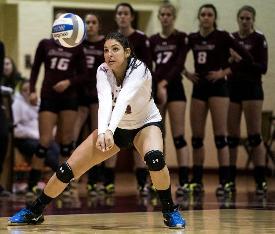 Senior libero and outside hitter Mariana Pilon bumps the ball to a teammate Saturday, Nov. 19, 2016, during the Salukis 2-3 loss to Missouri State in Davies Gym.  