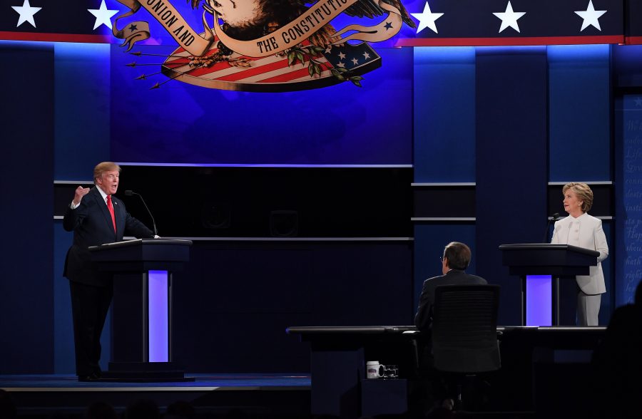 Republican presidential candidate Donald Trump, left, and Democratic presidential candidate Hillary Clinton participate in the third and final presidential debate at the University of Nevada Las Vegas on Wednesday, Oct. 19, 2016, in Las Vegas. (Yin Bogu/Xinhua/Sipa USA/TNS)