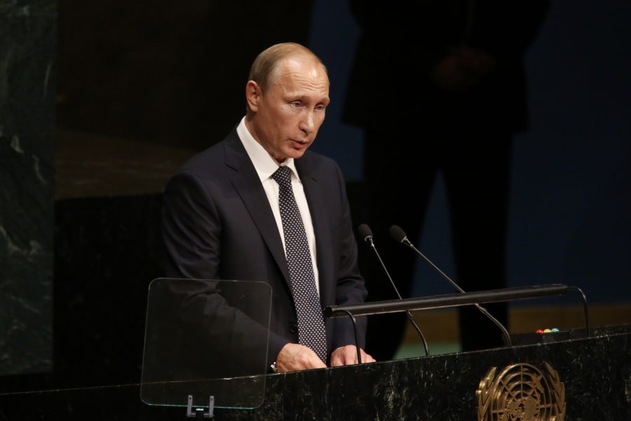 Russian president Vladamir Putin addresses the United Nations on September 28, 2015. (Carolyn Cole/Los Angeles Times/TNS)