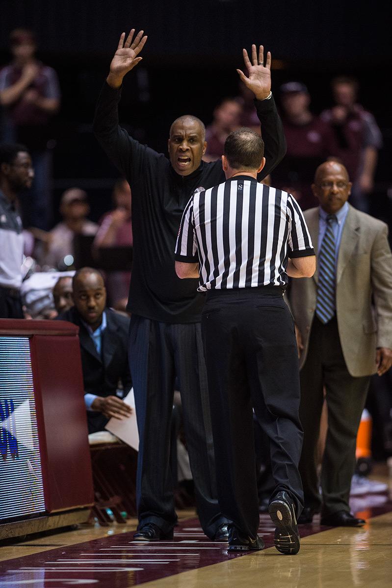 Texas Southern coach Mike Davis reacts to a call during the Salukis’ 74-70 win over the Tigers on Saturday, Dec. 3, 2016, at SIU Arena. (Jacob Wiegand | @jawiegandphoto)